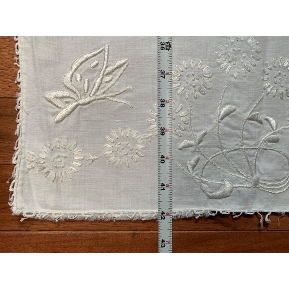 Hand-Embroidered White Linen Table Runner With Floral & Butterfly Design 42x16 - Picture 3 of 9